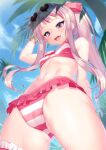  1girl :d ass bikini blue_sky blush breasts cameltoe cloud covered_nipples eyewear_on_head frills from_below himehina_channel kamitsurugi_ouka long_hair looking_at_viewer navel open_mouth palm_tree pink_hair ponytail purple_eyes sky small_breasts smile solo striped striped_bikini sunglasses swimsuit tanaka_hime teeth tree twintails 
