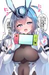  +_+ 1girl :3 azur_lane blue_eyes blue_hair bodystocking breasts controller game_console game_controller handheld_game_console headgear highres himiya_jouzu holding holding_handheld_game_console joy-con large_breasts new_jersey_(azur_lane) nintendo_switch smile solo symbol-shaped_pupils upper_body 