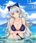  1girl absurdres arm_under_breasts artist_name azur_lane blue_sky bow braid breast_hold breasts cleavage covered_nipples eyebrows_visible_through_hair hair_bow highres kitsun8 large_breasts looking_at_viewer official_alternate_costume one-piece_swimsuit partially_submerged purple_bow purple_swimsuit silver_eyes silver_hair sky solo swimsuit vittorio_veneto_(azur_lane) vittorio_veneto_(the_flower_of_la_spezia)_(azur_lane) water wet white_bird 