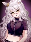  1girl ahoge animal_ears belt biwa_hayahide_(umamusume) black_shirt breasts crop_top glasses hair_ornament highres horse_ears kuromitsu_maria large_breasts long_hair looking_at_viewer looking_over_eyewear midriff navel parted_lips red-framed_eyewear semi-rimless_eyewear shirt short_sleeves solo spaghetti_strap stomach umamusume under-rim_eyewear upper_body wavy_hair white_hair yellow_eyes zipper_pull_tab 