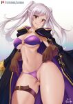  achromaru alternate_costume breasts brown_eyes eyebrows_visible_through_hair fire_emblem fire_emblem_awakening gloves grey_hair highres large_breasts looking_at_viewer midriff navel official_alternate_costume patreon_username robin_(fire_emblem) robin_(fire_emblem)_(female) swimsuit thighs tongue tongue_out twintails 