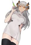  1girl absurdres arknights black_legwear cleavage_cutout clothing_cutout cowboy_shot dragon_horns dress dutch_angle grey_hair hati105 highres holding holding_syringe horns legs_together long_hair looking_at_viewer orange_eyes saria_(arknights) short_sleeves simple_background solo syringe thighhighs thighs white_background white_dress 