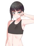  1boy androgynous bangs black_hair blue_eyes blush bowl_cut collarbone eyelashes kuavera looking_at_viewer male_focus navel otoko_no_ko protagonist_(smtv) shin_megami_tensei shin_megami_tensei_v short_hair simple_background solo tank_top 