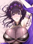  1girl armlet bangs bare_shoulders black_gloves black_swimsuit breasts dakimakura_(medium) fate/grand_order fate_(series) fingerless_gloves flower gloves gold_trim hair_flower hair_ornament hair_up half_gloves highres large_breasts long_hair looking_at_viewer murasaki_shikibu_(fate) murasaki_shikibu_(swimsuit_rider)_(fate) one-piece_swimsuit open_mouth purple_eyes purple_hair shiroshisu swimsuit tied_hair 