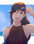  1girl black_hair blurry blurry_background bracelet breasts cleavage earrings elezen elf eyewear_on_head final_fantasy final_fantasy_xiv hair_between_eyes hilda_ware hybrid hyur jewelry koyorin looking_at_viewer medium_breasts one-piece_swimsuit open_mouth pointy_ears ponytail red_eyes ring see-through solo sunglasses swimsuit upper_body 