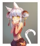  1girl animal_ears bare_arms bare_shoulders biting bread cat_ears cat_girl cat_tail crossed_arms double_bun eating eyebrows_visible_through_hair food looking_at_viewer midriff navel original short_hair shuang_xiyu silver_hair solo strapless tail tassel tubetop yellow_eyes 