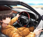  1girl absurdres beach brown_hair car car_interior girls_und_panzer ground_vehicle highres huge_filesize motor_vehicle nakajima_(girls_und_panzer) orange_jumpsuit oshiri_seijin short_hair sitting smile solo steering_wheel 