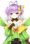  1girl antenna_hair bare_shoulders breasts brown_gloves detached_collar dress fairy fairy_wings fate/extra fate/extra_ccc fate/extra_ccc_fox_tail fate/grand_order fate_(series) gloves green_dress hair_ribbon iris_yayoi kazuradrop_(fate) long_sleeves looking_at_viewer official_art purple_eyes purple_hair ribbon short_hair shorts small_breasts smile solo wings yellow_ribbon 