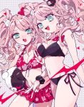  2girls :d ball bangs bare_arms beachball bear_hair_ornament bikini black_bikini black_choker black_scrunchie bow breasts bunny_hair_ornament choker cleavage collarbone commentary cosplay cowboy_shot danganronpa:_trigger_happy_havoc danganronpa_(series) danganronpa_s:_ultimate_summer_camp enoshima_junko enoshima_junko_(cosplay) floral_print freckles hair_bow hair_ornament highres holding ikusaba_mukuro index_finger_raised large_breasts long_hair monokuma multiple_girls nail_polish navel open_mouth osshouri55 red_bikini red_bow red_nails scrunchie shiny shiny_hair siblings side-tie_bikini sisters smile stomach swimsuit twintails unmoving_pattern upper_teeth wrist_scrunchie 