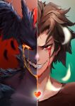  1274433817 1boy absurdres black_feathers blood bloody_tears brown_hair devilman_(character) devilman_crybaby dual_persona fudou_akira grin heart highres looking_at_viewer red_eyes sharp_teeth smile teeth white_feathers 