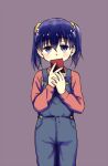  1girl black_hair blue_eyes blush denim eyebrows_visible_through_hair hair_between_eyes highres holding holding_phone kuraue_hinata long_sleeves looking_at_phone matsubara_tsuyoshi overalls phone short_hair simple_background solo sweater twintails yama_no_susume 