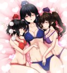  3girls absurdres ass_visible_through_thighs bangs bare_arms bare_shoulders bed_sheet black_hair blue_bra blue_headwear blue_panties blush bra breasts brown_hair cleavage collarbone commentary_request cowboy_shot eyebrows_visible_through_hair groin hair_between_eyes hand_on_another&#039;s_stomach hat heart highres himekaidou_hatate iizunamaru_megumu lace-trimmed_bra lace-trimmed_panties lace_trim large_breasts lingerie long_hair looking_at_another lying matching_outfit multicolored_eyelashes multiple_girls navel on_back on_bed on_side one_eye_closed open_mouth outstretched_arms panties pink_background pointy_ears pom_pom_(clothes) purple_bra purple_eyes purple_headwear purple_panties red_bra red_eyes red_headwear red_panties shameimaru_aya short_hair sidelocks size_difference skindentation smile star_(symbol) star_print stomach sunyup sweat tengu thigh_gap tokin_hat touhou two_side_up underwear underwear_only yuri 