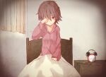  1girl alarm_clock bangs bed bed_sheet brown_eyes brown_hair clock closed_mouth coin curtains long_sleeves messy_hair original pajamas pink_pajamas short_hair sketch tsunotsuki_(uguisu_maccha) waking_up 