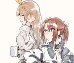  2girls adjusting_hair bangs blonde_hair bonryuu brown_hair closed_eyes closed_mouth cup grey_jacket hair_ribbon hand_up hibike!_euphonium holding holding_cup jacket long_hair long_sleeves looking_back multiple_girls nakagawa_natsuki open_mouth ponytail purple_eyes ribbon shirt simple_background sitting standing sweater turtleneck turtleneck_sweater white_background white_shirt yellow_ribbon yoshikawa_yuuko 