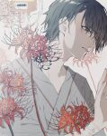  1boy absurdres bangs black_hair flower grey_eyes hand_up highres intravenous_drip male_focus mya_x_x original parted_lips red_flower shadow short_hair solo spider_lily tears 