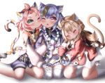  3girls :3 ;o ^_^ absurdres ahoge animal_ears arm_hug backpack bag bag_charm bangs bangs_pinned_back bead_necklace beads belt bloomers blush brown_gloves brown_scarf cat_ears cat_tail charm_(object) cheek-to-cheek closed_eyes clover_print coat commentary_request detached_sleeves diona_(genshin_impact) dodoco_(genshin_impact) eyebrows_visible_through_hair genshin_impact gloves green_eyes hair_between_eyes hair_ribbon highres holding_another&#039;s_arm huge_filesize jewelry jiangshi kemonomimi_mode klee_(genshin_impact) kneehighs kneeling kuma_piv light_brown_hair long_hair long_sleeves looking_at_another looking_at_viewer low_twintails multiple_girls necklace no_headwear ofuda one_eye_closed pink_hair pocket pointy_ears purple_eyes purple_hair qiqi_(genshin_impact) randoseru red_coat ribbon scarf short_hair shorts sidelocks simple_background sitting tail thick_eyebrows thighhighs twintails underwear wariza white_background white_gloves white_legwear wide_sleeves zettai_ryouiki 