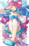  1girl absurdres blue_hair blue_nails bubble closed_eyes cure_la_mer detached_collar detached_sleeves double_bun facing_viewer fingernails full_body hair_intakes hair_ornament hand_on_hip highres laura_(precure) long_hair magical_girl multicolored_hair n-bata open_mouth pants precure puffy_sleeves purple_hair purple_nails seashell shell smile solo thick_eyebrows toenail_polish tropical-rouge!_precure two-tone_hair water white_pants white_sleeves 
