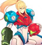  1girl arm_cannon armor bangs blonde_hair blue_eyes full_body glowing gun helmet highres long_hair looking_at_viewer metroid metroid_dread mole mole_under_mouth ponytail power_armor science_fiction sidelocks simple_background solo truejekart upper_body varia_suit visor weapon white_background 