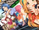  3girls :d ;d absurdres antenna_hair bangs blue_hair blue_shirt blue_sky blunt_bangs bow breasts brown_eyes brown_hair cleavage cloud collarbone ear_piercing eyebrows_visible_through_hair green_eyes hair_bow hairband hakozaki_serika hanamasa_ono highres holding holding_microphone idolmaster idolmaster_million_live! idolmaster_million_live!_theater_days kneeling leaning_forward light_blush light_particles long_hair looking_at_viewer medium_breasts microphone multiple_girls nikaidou_chizuru one_eye_closed open_mouth out_of_frame outdoors parted_bangs piercing pink_eyes pink_footwear pink_skirt red_bow red_footwear red_hair red_shirt red_shorts red_skirt shirt short_hair short_shorts short_sleeves shorts side_slit skirt sky small_breasts smile stage sweatband tent thigh_strap toyokawa_fuuka tree twintails upper_teeth yellow_skirt 