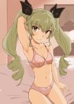  1girl anchovy_(girls_und_panzer) arm_behind_head arm_up armpits bangs bedroom black_ribbon bra brown_eyes closed_mouth commentary drill_hair eyebrows_visible_through_hair girls_und_panzer green_hair hair_ribbon highres indoors long_hair looking_at_viewer medium_hair navel on_bed panties pink_bra pink_panties ribbon sanwa_(koyabu2171) sitting smile solo twin_drills twintails underwear underwear_only 