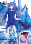  1girl bangs black_skirt blue_hair blue_shirt bracelet character_name chatot closed_mouth copyright_name dewott eyebrows_visible_through_hair floating_hair gen_1_pokemon gen_4_pokemon gen_5_pokemon gogat8 gyarados hair_between_eyes high_ponytail highres jewelry kazanari_tsubasa long_hair looking_at_viewer miniskirt pencil_skirt poke_ball pokemon pokemon_(creature) purple_eyes senki_zesshou_symphogear shiny shiny_hair shirt short_sleeves side_ponytail skirt smile solo very_long_hair 