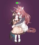  2girls animal_ears battery_indicator bow brown_dress brown_hair character_request closed_eyes commentary dress frilled_dress frills hair_bow hair_over_one_eye hands_together horse_ears horse_girl horse_tail hug jacket long_hair mihono_bourbon_(umamusume) multiple_girls pink_hair purple_background purple_eyes rice_shower_(umamusume) romi_(346_ura) simple_background sitting sitting_on_lap sitting_on_person sketch sweatdrop tail umamusume white_jacket white_legwear yellow_bow yuri 