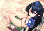  1girl bare_legs barefoot bikini black_hair breasts closed_mouth day eyebrows_visible_through_hair full_body hair_between_eyes hat highres iizunamaru_megumu legs long_hair looking_at_viewer looking_up navel outdoors outstretched_leg pointy_ears red_eyes sand seductive_smile short_sleeves side-tie_bikini side-tie_bottom sidelocks sitting small_breasts smile solo stomach sunyup swimsuit toes tokin_hat touhou very_long_hair 