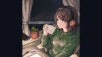  1girl brown_hair cactus chair cup holding holding_cup hood hoodie indoors original oshiri_seijin pillarboxed plant potted_plant short_hair sitting solo upper_body 