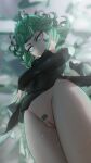  1girl bangs black_dress crossed_arms dress female_pubic_hair flipped_hair from_below greatm8 green_eyes green_hair highres one-punch_man pubic_hair pussy serious solo tatsumaki 