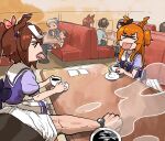  &gt;_&lt; 2boys 3girls animal_ears brown_hair coffee cup e-ncyo highres horse_ears horse_girl indoors long_hair mayano_top_gun_(umamusume) multicolored_hair multiple_boys multiple_girls one_side_up orange_hair ponytail pov pov_hands restaurant saucer school_uniform sitting steam streaked_hair teacup tokai_teio_(umamusume) tongue tongue_out tracen_school_uniform trainer_(umamusume) umamusume watch white_hair wristwatch 