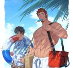  2boys 47 abs alternate_costume bara bare_pectorals beach blue_eyes brown_hair bulge carrying_over_shoulder day facial_hair fate/grand_order fate_(series) food fujimaru_ritsuka_(male) goatee highres ice_cream innertube male_focus male_swimwear mature_male mouth_hold multiple_boys muscular muscular_male napoleon_bonaparte_(fate) navel nipples outdoors pectorals popsicle scar scar_on_chest shade short_hair sideburns stomach sunglasses sunlight swim_trunks white_male_swimwear 