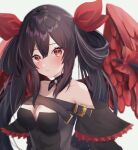  1girl alternate_color angel_wings belt_buckle black_clothes black_hair bow breasts buckle cleavage dizzy_(guilty_gear) feathered_wings guilty_gear guilty_gear_xrd hair_between_eyes hair_rings highres long_hair red_bow red_eyes twintails very_long_hair wings 
