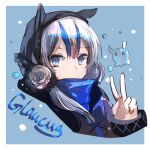  1girl arknights bangs blue_eyes blue_hair bubble character_name detached_hood double_bun expressionless eyebrows_visible_through_hair glaucus_(arknights) hood long_sleeves multicolored_hair solo streaked_hair tianye_toshi upper_body v 