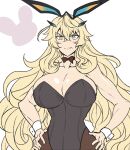  1girl animal_ears bangs bare_shoulders biceps black_leotard blonde_hair blush breasts brown_legwear bunny_ears bunny_tail cleavage collarbone covered_navel detached_collar fate/grand_order fate_(series) gawain_(fairy_knight)_(fate) green_eyes highleg highleg_leotard horns large_breasts leotard long_hair looking_at_viewer muscular muscular_female nabeiro_kin pantyhose solo tail wrist_cuffs 