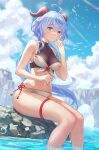  1girl adapted_costume ahoge anbe_yoshirou artist_name bangs bare_arms bare_shoulders bikini black_swimsuit blue_hair blue_sky breasts cleavage cloud cloudy_sky crop_top day floating_hair front-tie_top ganyu_(genshin_impact) genshin_impact goat_horns hand_up highleg highleg_swimsuit highres horns knees_together_feet_apart long_hair looking_at_viewer low_ponytail medium_breasts navel parted_lips purple_eyes side-tie_bikini signature sitting sitting_on_rock sky smile soaking_feet solo stomach swimsuit thigh_strap thighs wet white_bikini 