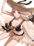  1girl absurdres alternate_costume bikini black_bikini black_swimsuit blonde_hair blue_eyes breasts cleavage collarbone fire_emblem fire_emblem:_three_houses fire_emblem_heroes from_above gonzarez hat highres large_breasts long_hair looking_at_viewer looking_up mercedes_von_martritz navel sarong see-through side_ponytail sideboob smile solo sun_hat swimsuit 
