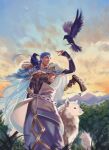  1boy animal animal_on_shoulder armor belt bird bird_on_shoulder blue_hair bracelet cape capelet cu_chulainn_(caster)_(fate) cu_chulainn_(fate)_(all) detached_sleeves dog earrings fate/grand_order fate_(series) floating_hair fur-trimmed_hood fur_trim highres hood hood_down hooded_cape hooded_capelet jewelry long_hair male_focus moon muscular muscular_male outdoors pauldrons raven_(animal) shoulder_armor spiked_hair staff sunset tank_top tree uni_(nico02) vambraces white_wolf wolf wooden_staff 