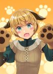  1girl blonde_hair blush_stickers fang fate/grand_order fate_(series) gareth_(fate) gloves green_eyes highres multicolored_hair nonderi paw_gloves paw_print paw_print_background paws short_hair two-tone_hair 