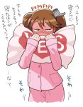  1girl blush brown_eyes brown_hair covered_mouth cowboy_shot dot_nose full-face_blush half-closed_eyes kantai_collection long_sleeves noumiso pajamas pants pink_pajamas pink_pants pink_shirt ryuujou_(kancolle) sanpaku shirt solo standing translated twintails white_background yes-no_pillow 