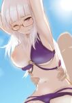  1boy 1girl alternate_costume armpits bangs bikini blue_sky blunt_bangs breasts doggystyle dutch_angle faceless faceless_male from_below glasses heidimarie_w._schnaufer hetero highres large_breasts long_hair motsunukisuki navel nipples one_breast_out one_eye_closed purple_bikini red_eyes semi-rimless_eyewear sex sex_from_behind sketch sky solo_focus swimsuit white_hair world_witches_series 