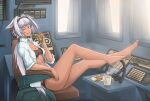  1girl animal_ears barefoot black_bra black_panties blue_eyes body_markings bra caenis_(fate) chair chest_tattoo collared_shirt croissant cup eating fate/grand_order fate_(series) food freega hairband indoors long_hair mug nail_polish one_eye_closed panties shirt sitting steering_wheel tan tattoo tea underwear white_hair window 