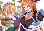  3girls blonde_hair breasts brooch bug cleavage daramsey dragon_girl expressionless eyebrows_visible_through_hair food glasses green_hoodie hair_between_eyes highres holding holding_plate hololive hood hoodie horns jewelry kiryu_coco kobayashi-san_chi_no_maidragon kobayashi_(maidragon) looking_at_viewer maid maid_headdress meat multiple_girls necktie open_mouth orange_hair plate red_eyes red_hair red_neckwear round_eyewear sharp_teeth spider teeth tohru_(maidragon) 