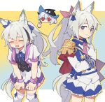  3girls :d alternate_costume animal_ears arknights black_headwear blue_bow blue_skirt bow brown_hair closed_eyes cosplay cowboy_shot d.y.x. dress dual_persona ear_ribbon epaulettes gloves grani_(arknights) grey_eyes hair_between_eyes hair_bow hand_on_own_chest hat horse_ears horse_girl horse_tail leaning_forward long_hair looking_at_viewer multiple_girls open_mouth pink_bow pink_neckwear ponytail puffy_short_sleeves puffy_sleeves purple_dress red_eyes school_uniform short_hair short_sleeves single_epaulette skadi_(arknights) skirt smile solo special_week_(umamusume) special_week_(umamusume)_(cosplay) standing tail thighhighs thumbs_up tokai_teio_(umamusume) tokai_teio_(umamusume)_(cosplay) umamusume very_long_hair white_gloves white_legwear wrist_cuffs 