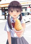 1girl :d bangs blush bow bowtie brown_eyes brown_hair building car chikuwa_(odennabe) collared_shirt food grey_skirt ground_vehicle highres holding holding_food ice_cream ice_cream_cone long_hair looking_at_viewer motor_vehicle open_mouth original outdoors outstretched_arm parking_lot pleated_skirt red_bow red_neckwear school_uniform shirt shop short_sleeves skirt smile solo standing twintails white_shirt 