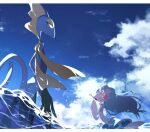  aya_(ayamenora) closed_eyes closed_mouth cloud commentary_request day from_below gen_7_pokemon gen_8_pokemon highres inteleon letterboxed no_humans open_mouth outdoors pokemon pokemon_(creature) primarina sky smile standing tongue water yellow_eyes |d 