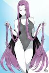  1girl breasts cleavage collarbone eyebrows_visible_through_hair fate_(series) highleg highleg_swimsuit highres large_breasts long_hair medusa_(fate) one-piece_swimsuit purple_eyes purple_hair r3dfive smile solo swimsuit very_long_hair 