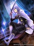  1boy cape fire_emblem fire_emblem:_three_houses fire_emblem_cipher holding holding_sword holding_weapon looking_at_viewer official_art purple_eyes purple_hair sitting sword toyota_saori weapon yuri_leclerc 