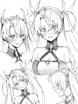  1girl bangs blush bradamante_(fate) braid breasts chouonsoku-jiisan cleavage clenched_teeth cropped_shoulders cropped_torso crown_braid eyebrows_visible_through_hair fate/grand_order fate_(series) greyscale hair_between_eyes highres large_breasts leotard long_hair monochrome multiple_views simple_background sketch sweat teeth twintails upper_body 