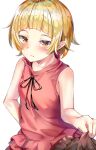  1girl absurdres bangs bare_shoulders blonde_hair blunt_bangs blush dress highres holding holding_clothes holding_skirt kizumonogatari looking_at_viewer monogatari_(series) oshino_shinobu pink_dress skirt sleeveless sleeveless_dress solo yellow_eyes yuunamida_uyu 