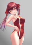  1girl absurdres afe. bangs competition_swimsuit cowboy_shot grey_background hair_ribbon heterochromia highres hololive houshou_marine long_hair looking_at_viewer one-piece_swimsuit red_eyes red_hair red_ribbon red_swimsuit ribbon simple_background solo standing swimsuit twintails virtual_youtuber yellow_eyes 
